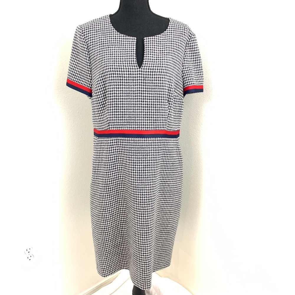 Boden Black & White Houndstooth Midi Dress with Red Trim